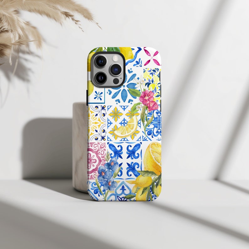 Mediterranean mosaic tiles with lemon an floral accents