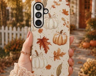 Cozy Cottagecore Pumpkin Phone Case, Fall Leaves, Faux Gold Glitter (Fits iPhone 11-17)