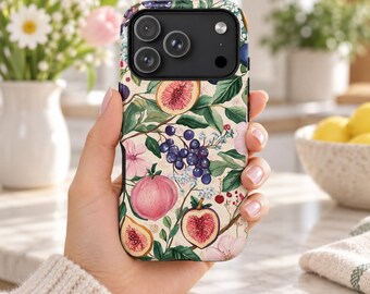May include: A smartphone case featuring a botanical illustration on a cream background. The design includes sliced figs with pink interiors, whole pink fruits, clusters of dark purple berries, green leaves, and small light pink flowers.