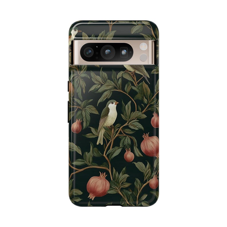 Classic ornate woodland bird and pomegranate pattern phone case.