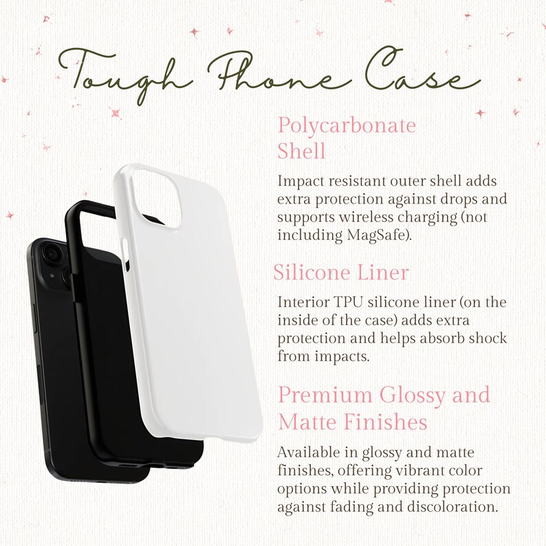 May include: A white phone case with a polycarbonate shell and a silicone liner. The case is impact resistant and supports wireless charging. It is available in glossy and matte finishes.