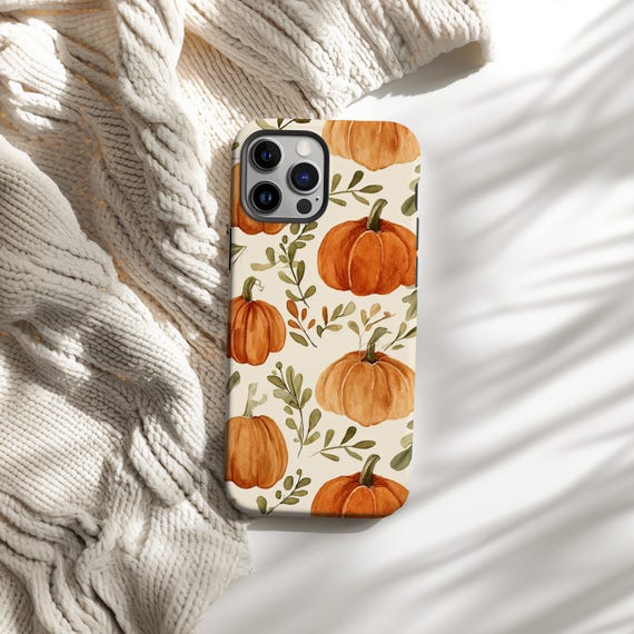 Fall Pumpkin Phone Case, Watercolor Leaves (Fits iPhone 11-17)