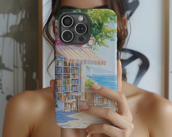 Coastal Summer Bookstore Phone Case - Watercolor Vintage Bookshop, iPhone 16 15 14 13 12 11 Pro Max Plus, Samsung Galaxy S25 S24 S23 Ultra