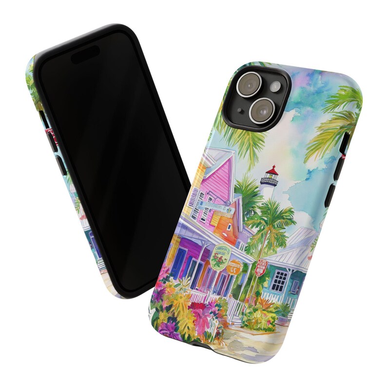 Artistic phone case featuring a vivid street view of Key West with palm trees and bright buildings.