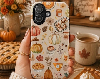 May include: A phone case with a cream background featuring a repeating pattern of autumn-themed illustrations including pumpkins, cinnamon sticks, pinecones, a candle, a tray of cinnamon rolls, a cup of coffee, a slice of pie, and fall foliage.