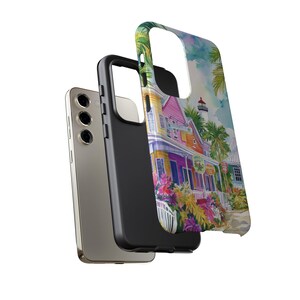Tropical phone case design with lush palm trees and colorful houses on a sunny day.