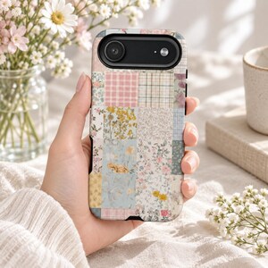 Etui na telefon z kwiatowym wzorem patchworkowym w stylu vintage, wzór quiltu Cottagecore, pastelowa krata, do iPhone'a 11-18 i Samsunga