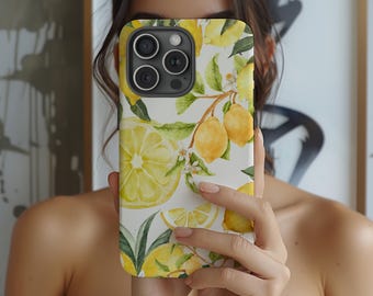 Lemon Citrus Fruit Watercolor Phone Case - Lemon Tree Art, iPhone 16 15 14 13 12 11 Pro Max 8 Plus X, Samsung Galaxy S24 S23 S22 S20 Ultra