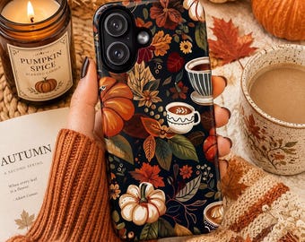 Cozy Fall Cottagecore Phone Case - Autumn Pumpkins, Leaves, Coffee Design