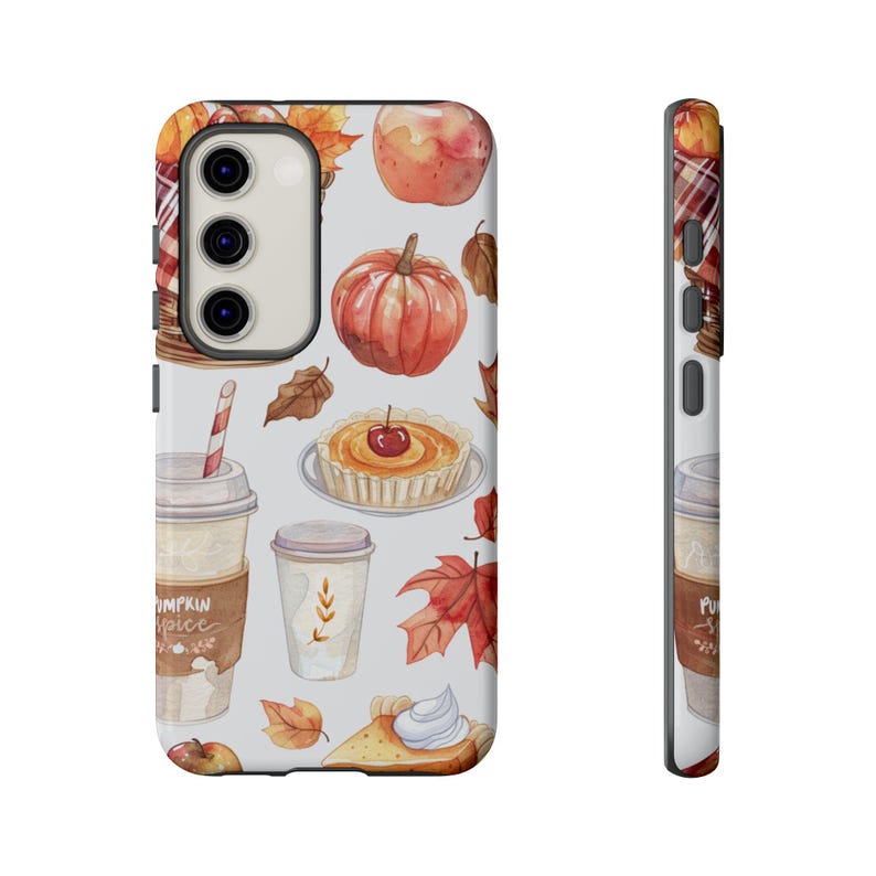 May include: A white phone case with a fall-themed design. The design features pumpkins, leaves, pie, and coffee cups. The text "Pumpkin Spice" is visible on one of the coffee cups.