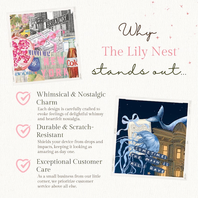 May include: A collage of images with a whimsical and nostalgic theme. The images include a red apple, a pink bow, a bottle of Coca-Cola, and a building with the words "Broadway" and "New York" on it. The text "Whimsical & Nostalgic Charm" is written below the collage. The text "Each design is carefully crafted to evoke feelings of delightful whimsy and heartfelt nostalgia." is written below the text "Whimsical & Nostalgic Charm".