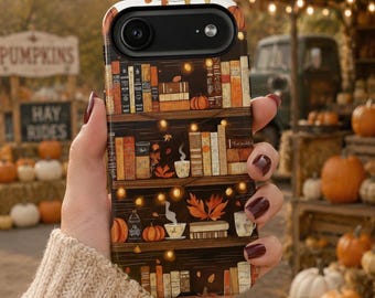 Cozy Autumn Bookshelf Phone Case, Book Lover Fall Decor, Bookish Pumpkin Library, iPhone and Samsung