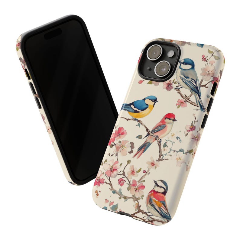 Bird and blossom-themed phone case with a dreamy, nature-inspired aesthetic.