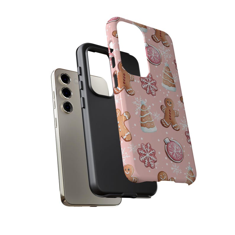 Playful holiday phone case with Christmas cookies, snowflakes, and festive elements.