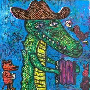 Cajun Gator Multi Color Woodcut Handpulled Print