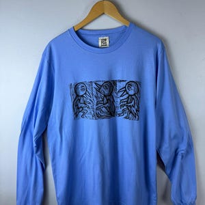 Handbedrucktes 3 Vögel Holzschnitt T-Shirt