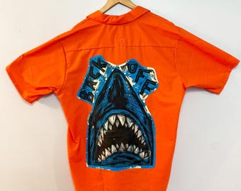 Dream Job Handprinted Workshirt Orange with Blue Shark Applique