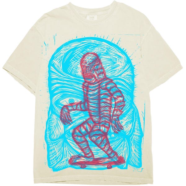 T-shirt imprimé main gravure sur bois multicolore créature double