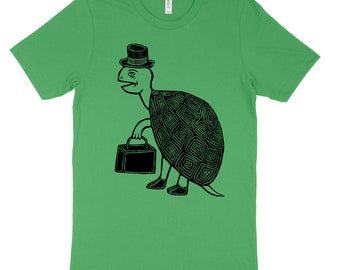 Tophat Turtle Woodcut Handprinted T-Shirt