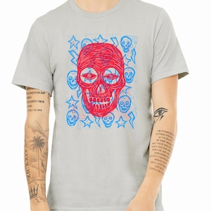 Skulls Stars and Bolts Linocut Handprinted T-Shirt
