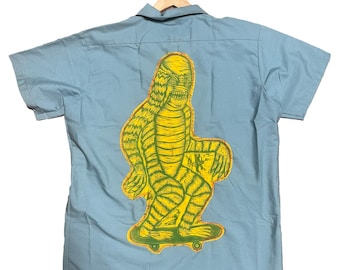 Dream Job Light Green Workshirt with Handprinted Woodcut Skate Creature Applique