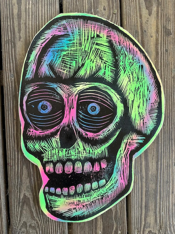 Acid Lime Skull Woodcut Printed on Wooden Panel