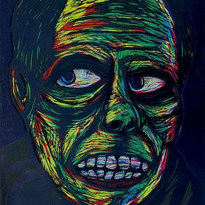 May include: A close-up of a colorful, abstract portrait of a person with a green face, black hair, and a wide, toothy grin. The portrait is painted in a style reminiscent of expressionism, with bold strokes and vibrant colors.