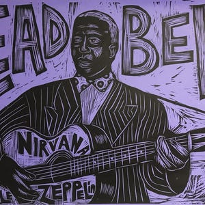 May include: A black and white linocut print on a purple background of a man playing a guitar. The man is wearing a suit and tie. The guitar has the words "Nirvana" and "Led Zeppelin" written on it. The words "Leadbelly" are written in large letters at the top of the print.