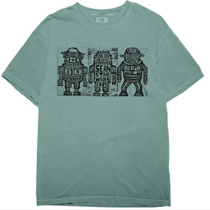 3 Shina Robots Woodblock Handprinted T-Shirt
