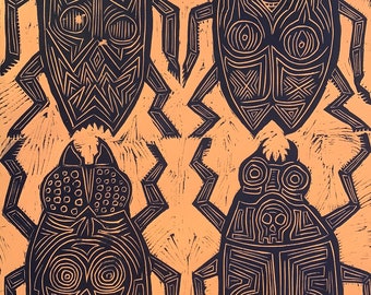 Beetles Woodcut Handpulled Print