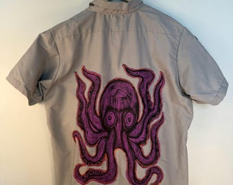 Dream Job Gray Workshirt with Handprinted Woodcut Octopus Applique