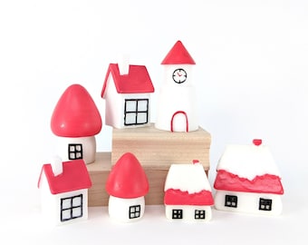 Miniature Figurines, set of 7 Houses (ornaments for Miniature Dollhouse, Cake Toppers, Miniature Terrarium Decorations, or Miniature Garden)