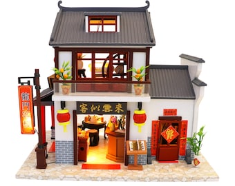 Miniature Dollhouse DIY Kit - Ancient Chinese Restaurant – Dragon Gate Inn - with Dust Cover - Architecture Model kit (English Manual)