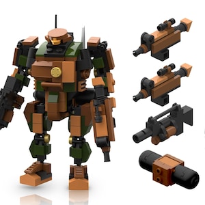 May include: A green and brown toy robot with a large gun in its left hand and a smaller gun in its right hand. The robot has a brown helmet and a brown chest plate. The robot is standing on a white background. There are four additional weapons on the background.