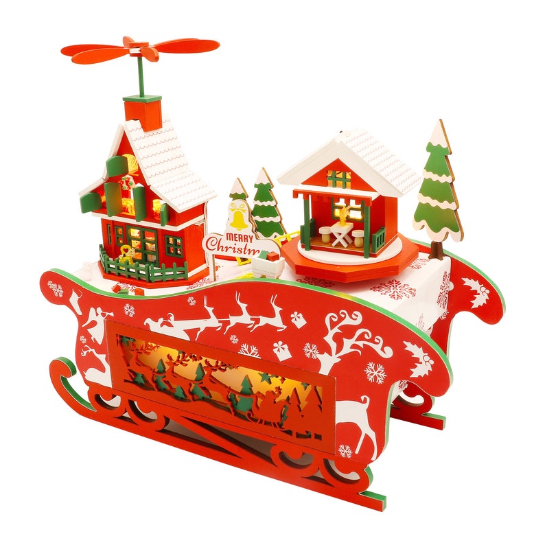 English Manual Wooden Christmas Sled with Money Bank and Rotating Music Box Miniature Do-It-Yourself Dollhouse Kit