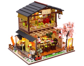 1:24 scale Miniature DIY Dollhouse Kit - Wooden Japanese Sushi Shop with Revolving Sushi Bar and Dust Cover