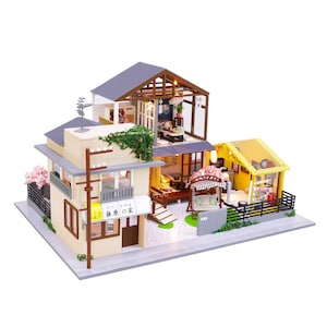 1:24 Miniature Dollhouse DIY Kit - Wooden Japanese Home with Tofu Shop and a Garage - with Dust Cover - (English Manual)