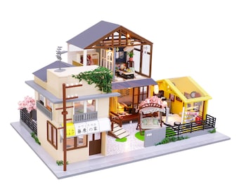 1:24 Miniature Dollhouse DIY Kit - Wooden Japanese Home with a Garage or Entertainment Room - with Dust Cover - (English Manual)