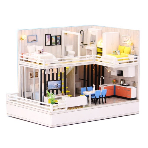 1:24 Miniature Dollhouse DIY Kit Wooden Blue Townhouse With - Etsy