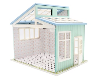 1:18 Miniature DIY Dollhouse Frame DIY Kit - Blue Roof Home with Ceiling Fan and Lights - Architecture Model kit (Assembly Required)