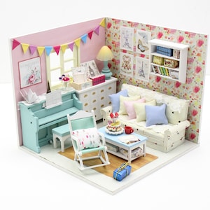 1:18 Scale Miniature Dollhouse DIY Kit - Family Room with Blue Piano – Architecture Model kit (English Manual)