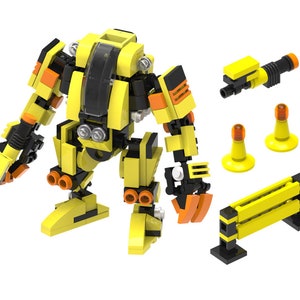 May include: A yellow and orange toy robot with black details, holding a yellow and black gun. The robot is standing on a white surface. There are also yellow and black traffic cones and a yellow and black barricade.