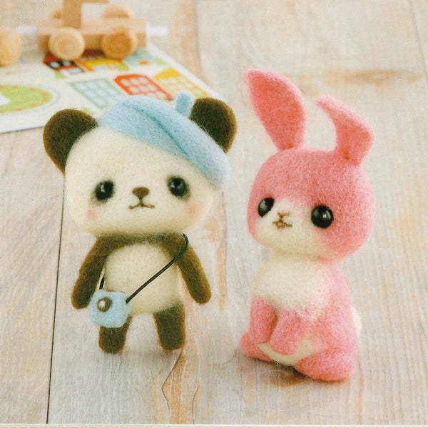 Needle Felting DIY Kit – Beret Panda and Pink Bunny (with English Instructions) – Imported from Japan