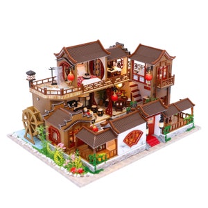 Miniature DIY Dollhouse Wooden Chinese Ancient Mansion with Pergola Do-It-Yourself Kit with Dust Cover