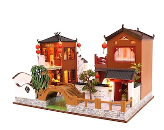 Miniature Dollhouse DIY Kit - Wooden Chinese Villas with Landscape Creek and Bridge - with Dust Cover - (English Manual)