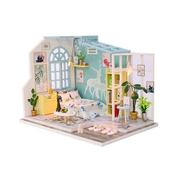 Miniature DIY Dollhouse Kit Wooden Blue Sun Room with Dust Cover - Architecture Model kit (English Manual)