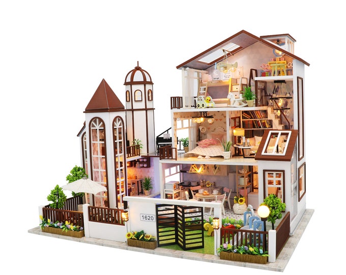Miniature DIY Dollhouse Wooden 3story Modern Luxury Villa Doityourself Kit With Dust Cover Etsy