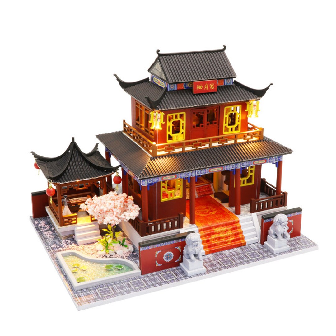 Miniature DIY Dollhouse Wooden Asia Palace Do-it-yourself Kit With Dust ...