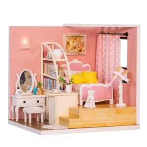 SALE &gt;&gt; 1:24 Miniature Dollhouse DIY Kit - Wooden Pink Cozy Bedroom (Assembly Required)