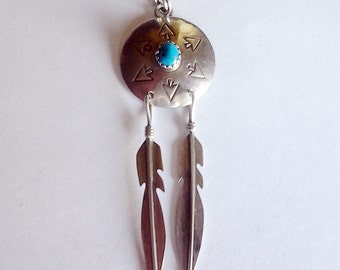 Big Vintage Navajo sterling and turquoise pendant Feathers Long over 2 inches 925 Southwestern